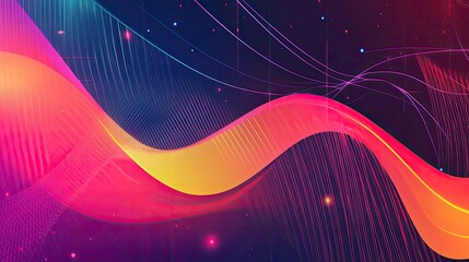 Leinwandbilder - A retro-inspired abstract background featuring vibrant colors, grid lines, and digital waves, reminiscent of 80s synthwave aesthetics.