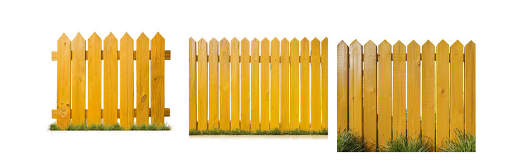 Poster - Three wooden fence sections, painted yellow, with grass at the base, are set against a white background.