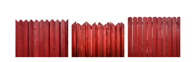 Poster - Red wooden fence with pointed top, some rounded, against a white background.