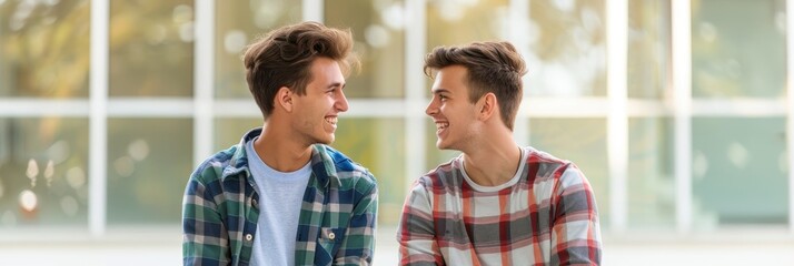 Two young men in casual shirts sit outdoors, smiling at each other. The background features a softly blurred window with natural light.