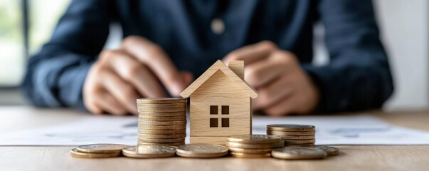 Model house and coins on desk, representing real estate investment concepts.