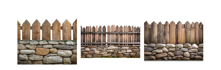 Poster - A wooden fence with pointed tops sits atop a stone wall.