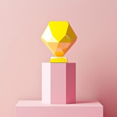 A bright yellow geometric trophy sitting on a pastel pink podium with minimal background