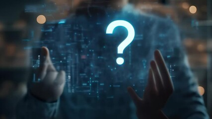 Poster - Businessman interacting with a holographic question mark and data, symbolizing problem solving, innovation and technological advancement