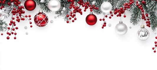 Wall Mural - christmas festive holiday decoration with a border of pine branches, red berries, and various christ