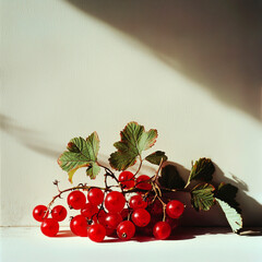 Sticker - A cluster of red currants with green leaves,  resting on a white surface, illuminated by a single shaft of sunlight.