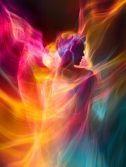 Poster - a vibrant silhouette enveloped in colorful swirls of light creating an ethereal and dreamlike atmosp