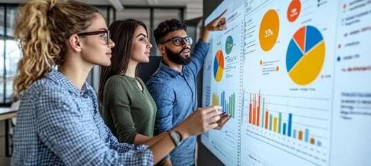 Poster - team of diverse professionals discussing business data and statistics on large screen in the office