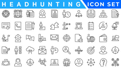 Headhunting And Human Resources minimal thin editable stroke icon set. Included the line icons as Recruitment, Career Goals, Resume or CV, and more.