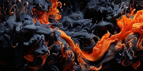 A black and orange painting of smoke with a dark blue background