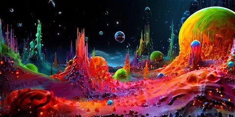 Poster - A colorful space scene with many planets and a large, glowing yellow object