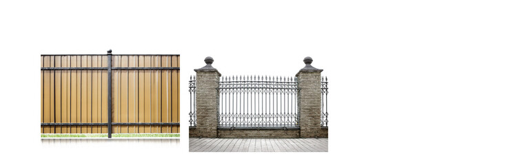 Poster - A wooden fence with black metal accents and a black metal gate with stone pillars.