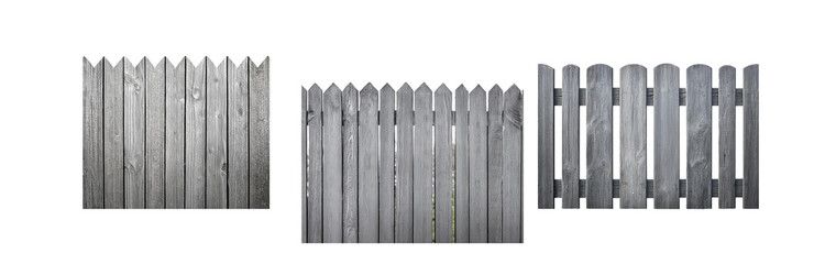 Poster - A close-up of a gray wooden fence with a variety of slat designs.