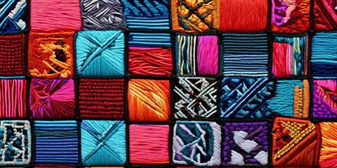 Poster - A colorful patchwork quilt made of different colored yarns