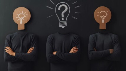 Poster - Three businessmen stand with arms crossed, wearing light bulb hats, brainstorming in an office. They collaborate to find innovative solutions, inspiring success through teamwork and creativity