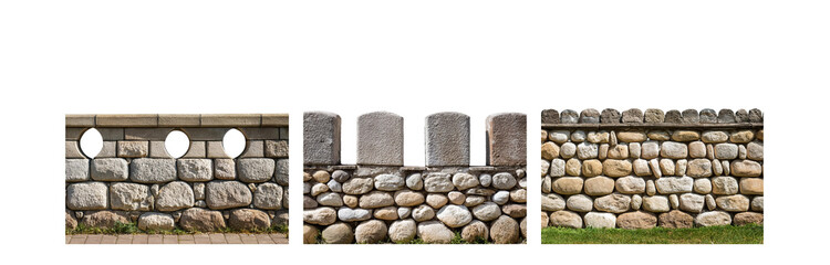 Poster - Three stone wall sections with different styles and textures.
