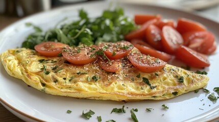 A delicious omelet with cherry tomatoes and arugula on a white plate.