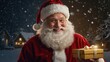 © Nonna - Joyful Santa Claus Holding a Red Christmas Gift Box Outdoors