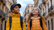 © Quality One   - young boy and girl are exploring city, wearing bright yellow jackets and backpacks, with joyful expressions on their faces. Their adventure is filled with excitement and wonder