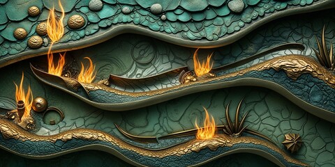 Canvas Print - Abstract fire flames on a textured green and gold background.