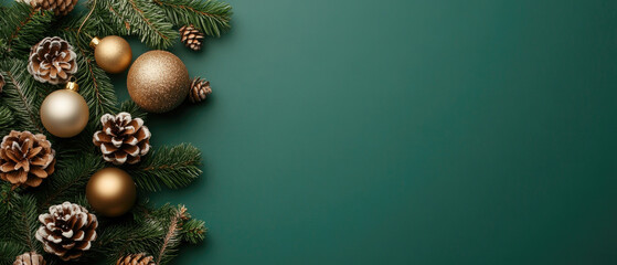 Christmas decoration frame, vibrant green backdrop, festive elements arranged thoughtfully, inviting seasonal greetings and warm wishes.