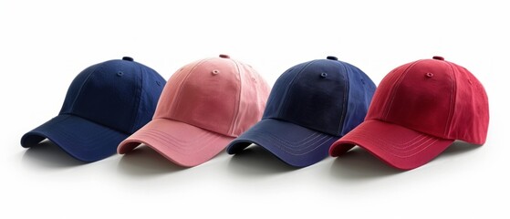 Image shows four baseball caps: two pink, two blue, arranged neatly on white background in two rows. Caps exhibit curved brims, creating organized, harmonious visual.