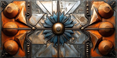 Sticker - Industrial metal panel with intricate details and a blue flower pattern.