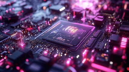 Poster - Close-up of a glowing processor chip on a circuit board
