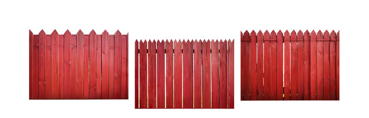 Poster - A red wooden fence with pointed top pickets against a white background.