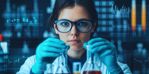 A medical chemistry lab research concept featuring a female biotech researcher wearing lab glasses and gloves analyzing liquid against a composite pharmaceutical background with ch