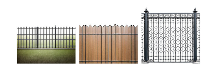 Poster - Three different types of fences are shown in the image: a simple black metal fence, a slatted wood fence, and an ornate black metal gate.
