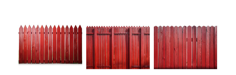 Poster - A red wooden fence with pointed tops against a white background.