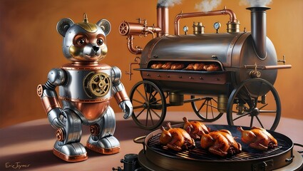 vintage tin toy bear robot in front of big steam punk barbecue cooking chickens