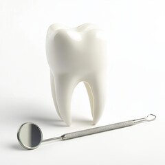 A human tooth with a dentist tool isolated on white background, with shadow