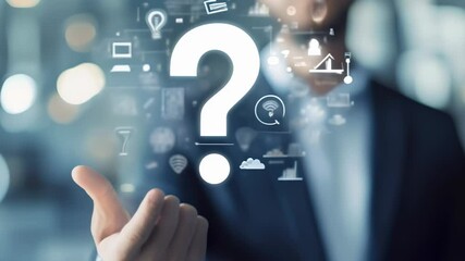 Aufkleber - Businessman is touching a question mark icon surrounded by other digital icons, representing business solutions and problem solving
