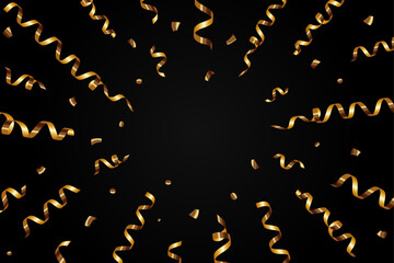 Wall Mural - empty template of background, banner with 3d realistic confetti from party poppers, flying gold ribb