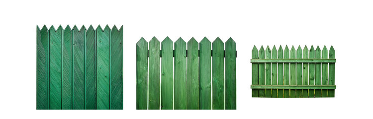 Poster - Three green wooden fence panels with pointed tops against a white background.