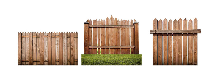 Poster - Three wooden fences with pointed tops and one with a horizontal cross beam, isolated on a white background.