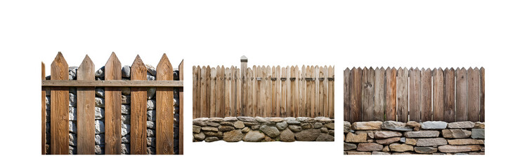 Poster - Three wooden fences with a stone base against a white background.