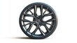 © 69 - A contemporary car wheel viewed from the side, isolated on a white background, highlighting its modern design and features