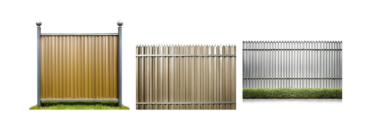 Poster - Three different metal fences with one in front of a grassy area.