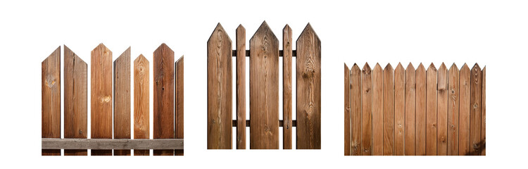 Poster - Three sections of a brown wooden fence, with pointed tops, against a white background.