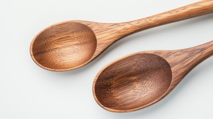 Two wooden spoons on white background.