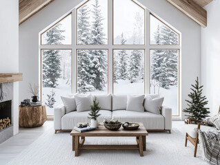 Cozy living room with large windows overlooking a snowy landscape.