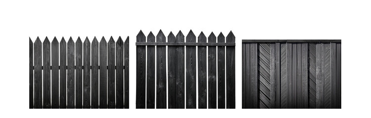 Poster - A black wooden fence with pointed tops, the left side is a simple picket fence, the right side is a more intricate design.