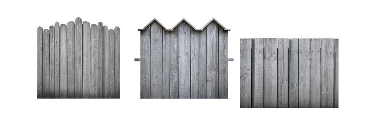 Poster - Three sections of a gray wooden fence, each with a different top.