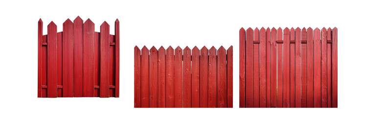 Poster - A red wooden fence with a gate isolated against a white background.