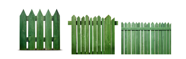 Poster - A green wooden fence with pointed tops, isolated on a white background.