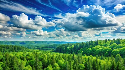 Scenic forest landscape with beautiful clouds and blue sky