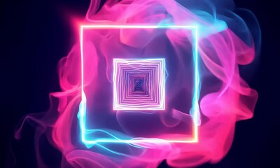 Poster - Neon blue square frame with glowing light and pink smoke.